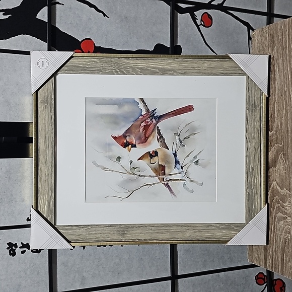 Wood Framed 8x10 Red Cardinal Love Birds‎ Watercolor Oil Painting - Picture 9 of 9